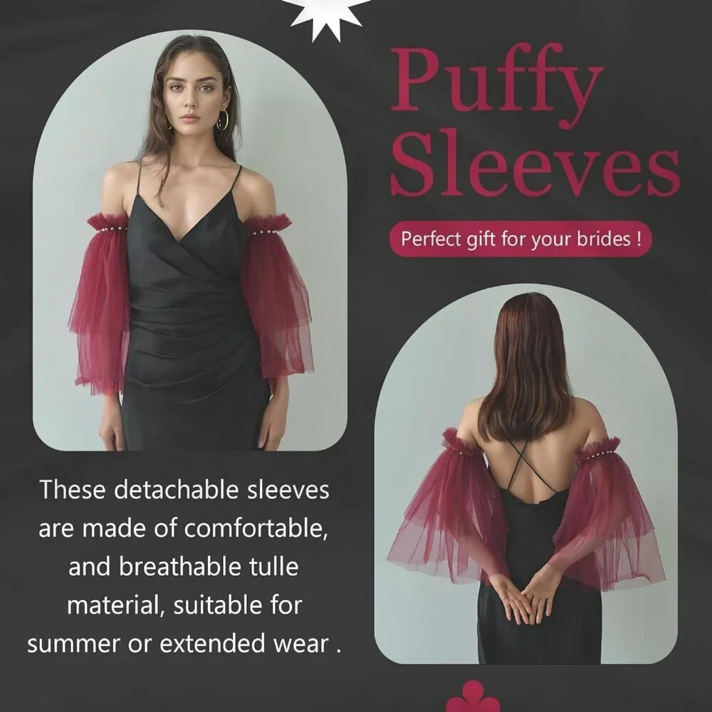 Women's Wedding Puffy Fingerless Red Detachable Long Sleeves Ruffled Gloves